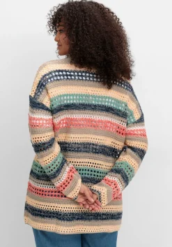 Ajour-Strickjacke mit Blockstreifen, in offener Form
