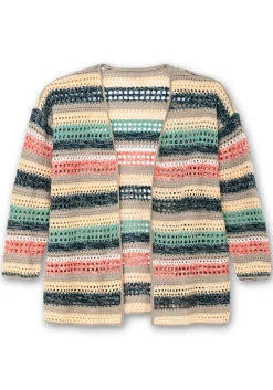 Ajour-Strickjacke mit Blockstreifen, in offener Form