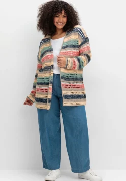 Ajour-Strickjacke mit Blockstreifen, in offener Form