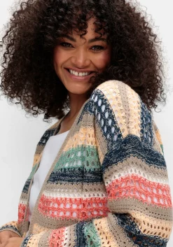 Ajour-Strickjacke mit Blockstreifen, in offener Form