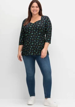 3/4-Arm-Shirt mit Blumenprint und Herzausschnitt