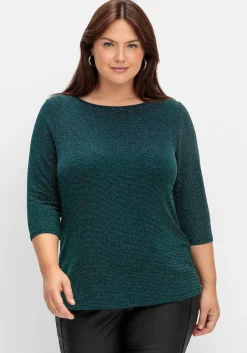 3/4-Arm-Shirt mit Glitzergarn und U-Boot-Ausschnitt