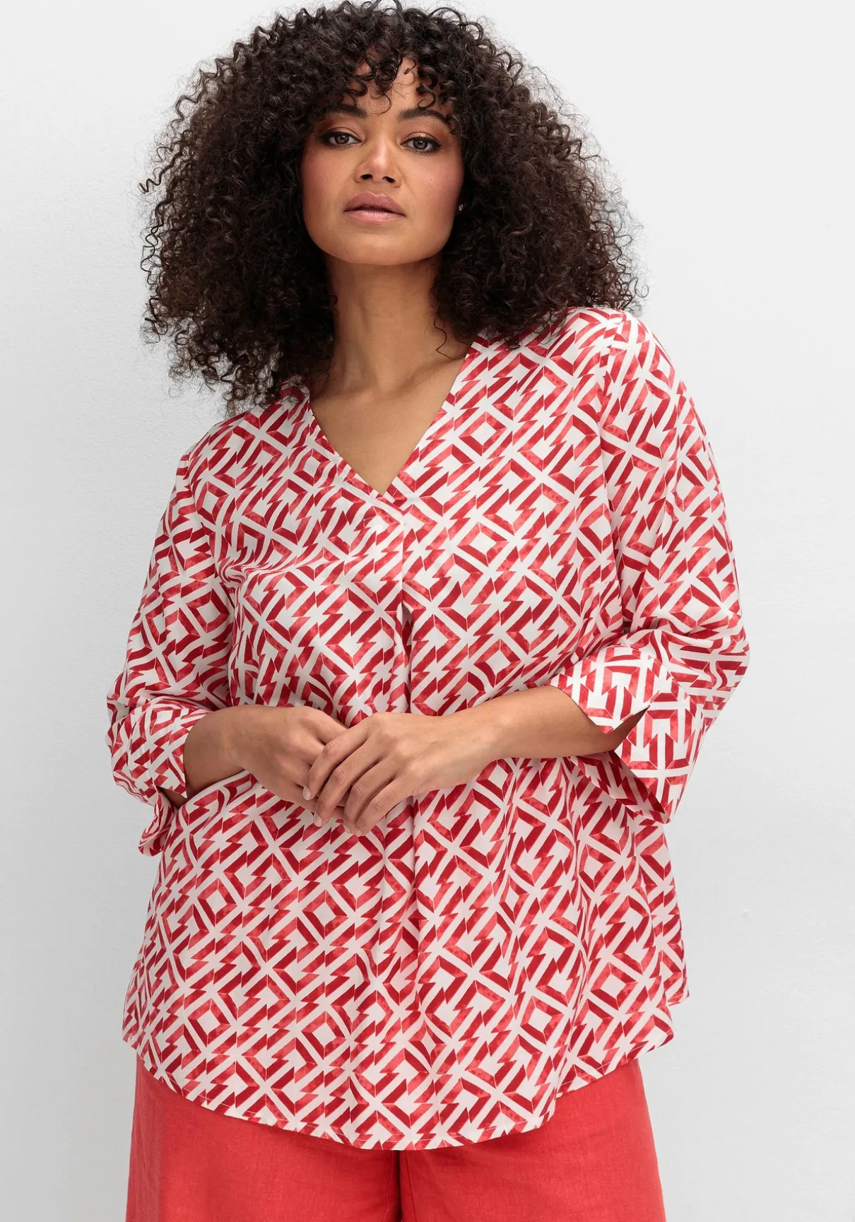 3/4-Arm-Tunika mit Faltendetails und Grafikprint