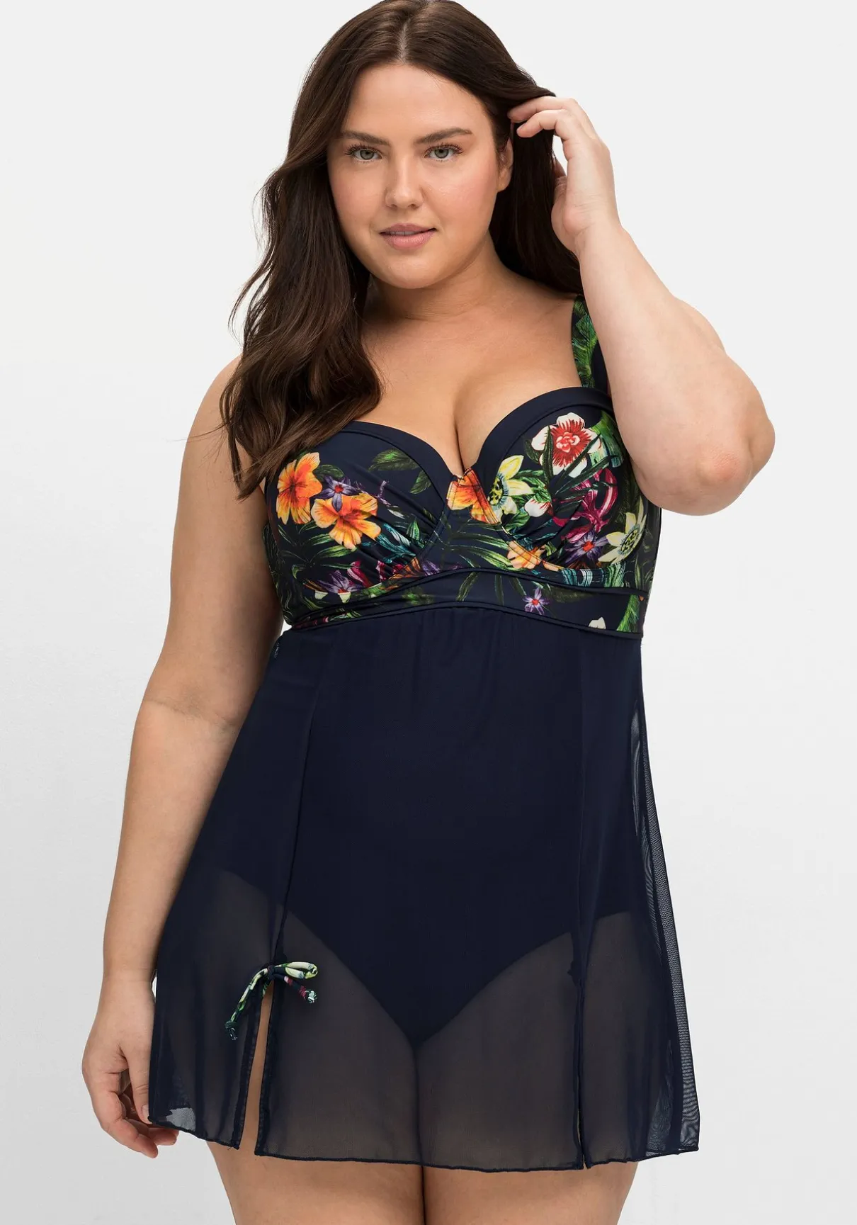 Badekleid mit transparentem Mesh-Rock