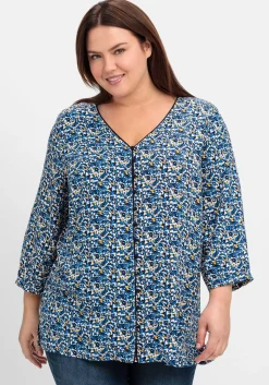 Bedruckte Bluse mit Smok- und Kontrastdetails
