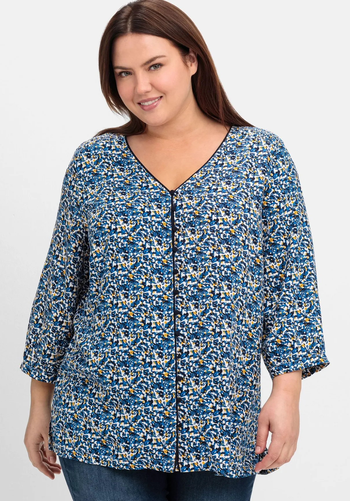 Bedruckte Bluse mit Smok- und Kontrastdetails