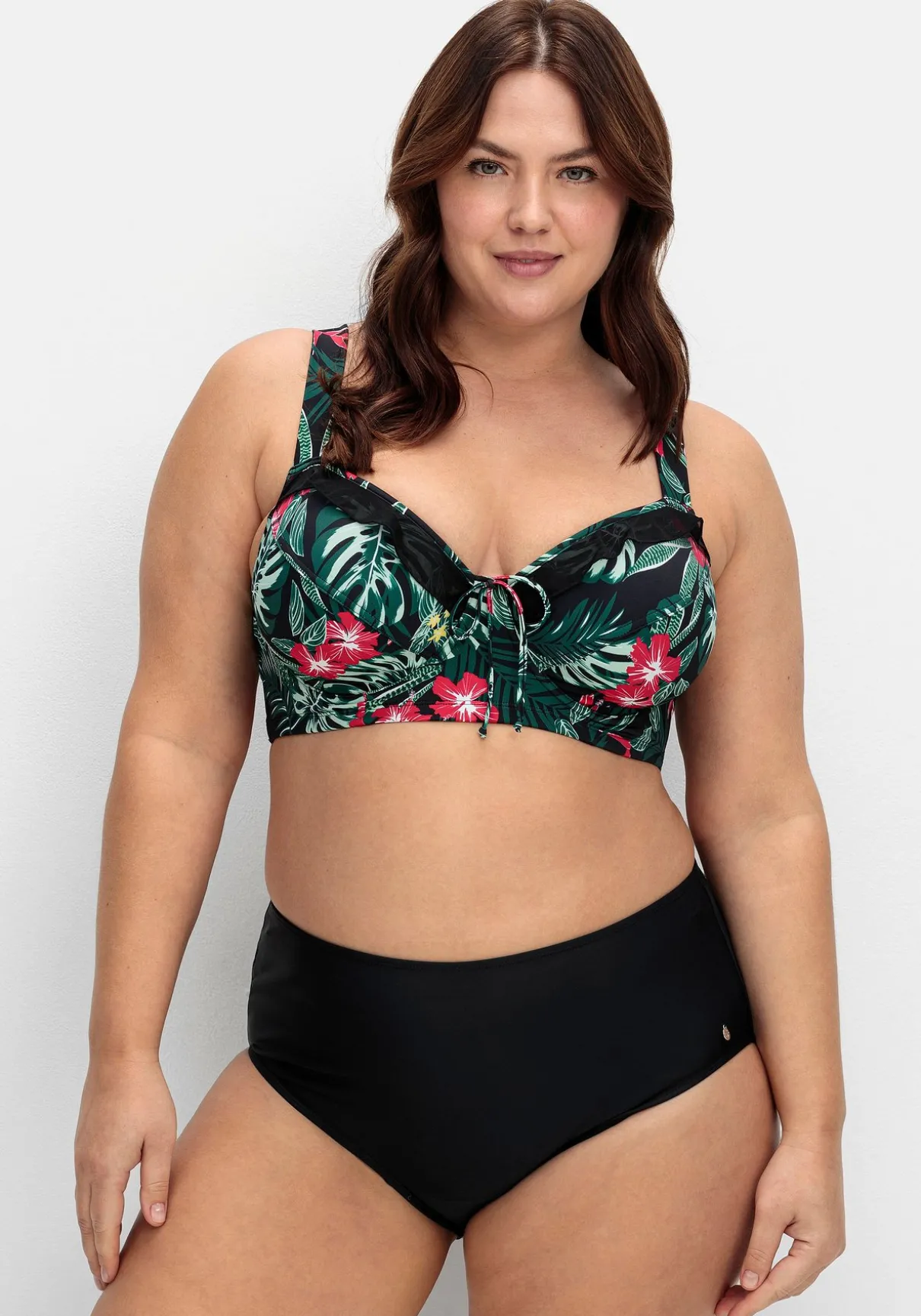 Bikini-Oberteil mit Volants und Tropical Print