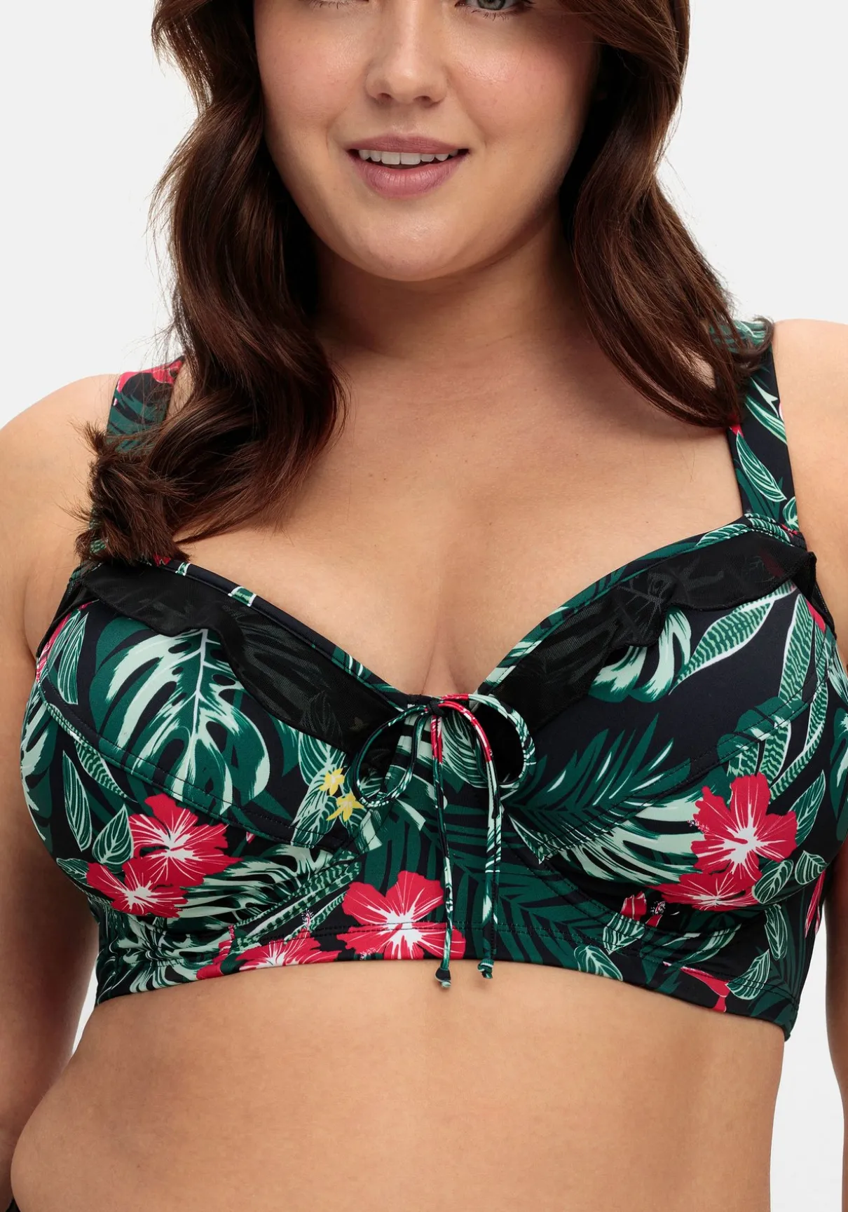 Bikini-Oberteil mit Volants und Tropical Print