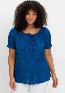 Bluse mit Lochstickerei und Carmen-Ausschnitt