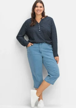 Caprijeans mit Teilgummibund und Glitzersteinen