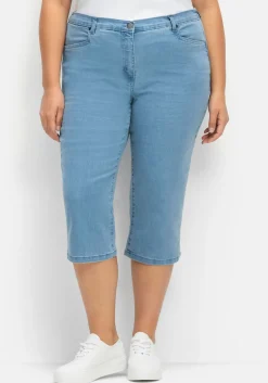 Caprijeans mit Teilgummibund und Glitzersteinen