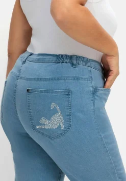 Caprijeans mit Teilgummibund und Glitzersteinen