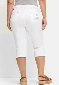 Caprijeans mit Teilgummibund und Glitzersteinen