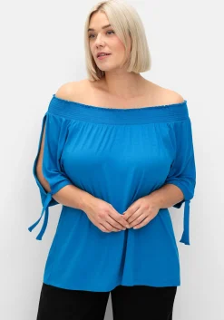 Carmenshirt mit Smokeinsatz und längerem Halbarm