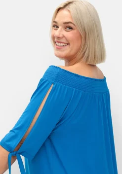 Carmenshirt mit Smokeinsatz und längerem Halbarm