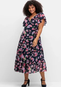 Chiffonkleid mit Blumendruck und Bindegürtel