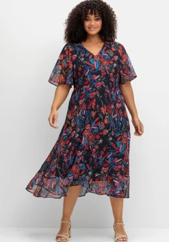 Chiffonkleid mit Blumendruck und Volant am Saum