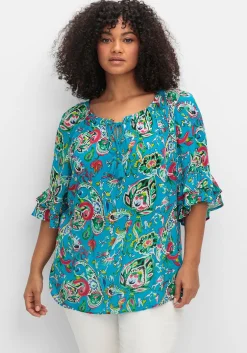 Crinkle-Tunika mit Paisleydruck und Rüschenärmeln