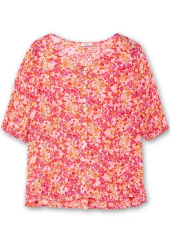 Crêpe-Bluse mit Blumendruck und Volant am Saum