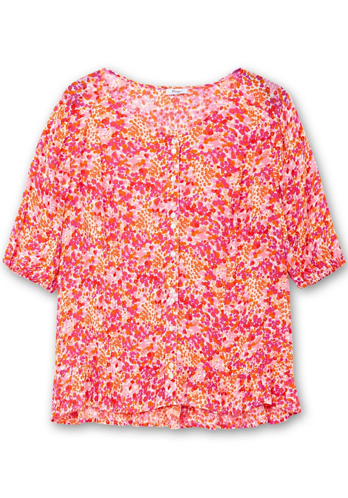 Crêpe-Bluse mit Blumendruck und Volant am Saum