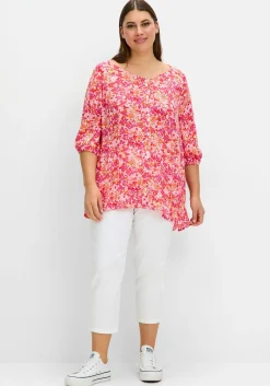 Crêpe-Bluse mit Blumendruck und Volant am Saum