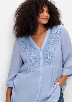 Crêpebluse mit Häkelspitze und Biesen