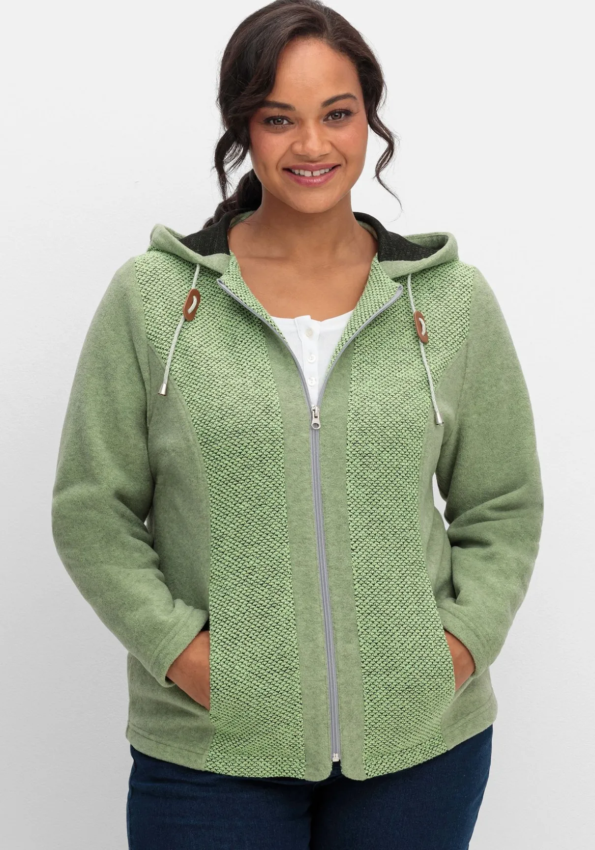 Fleecejacke mit Kapuze und Strick-Einsätzen