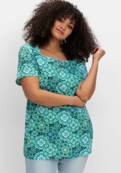 Jerseyshirt mit Blumendruck und Karreeausschnitt