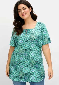 Jerseyshirt mit Blumendruck und Karreeausschnitt