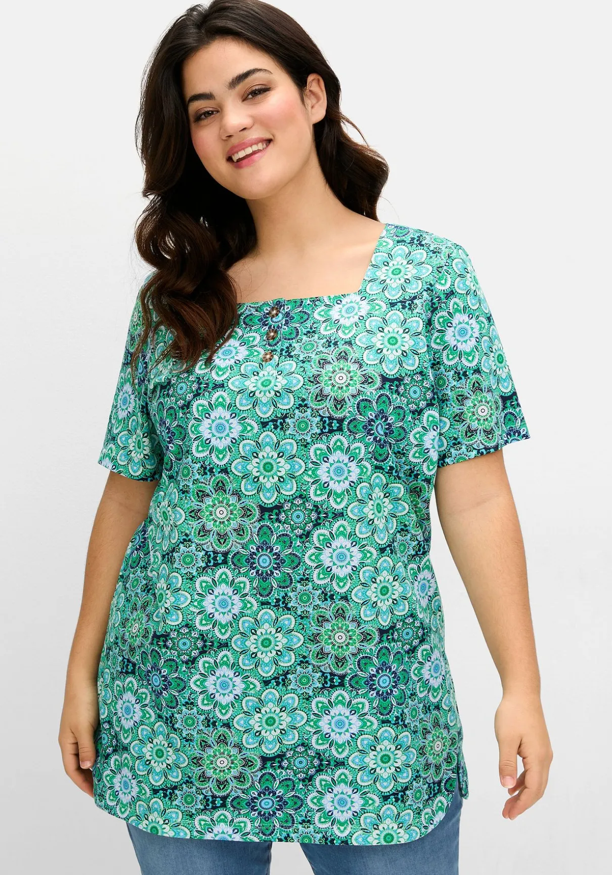 Jerseyshirt mit Blumendruck und Karreeausschnitt