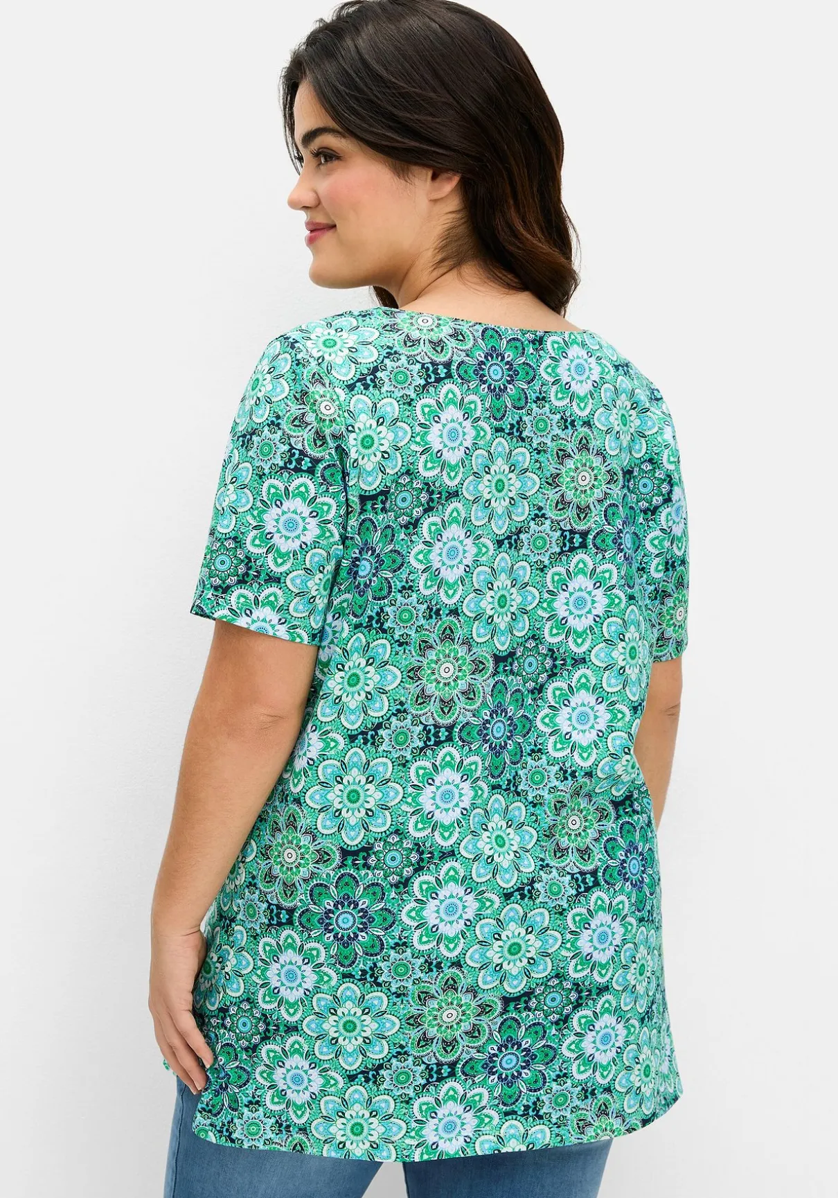 Jerseyshirt mit Blumendruck und Karreeausschnitt