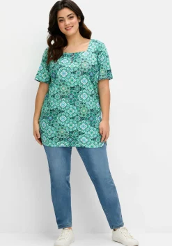 Jerseyshirt mit Blumendruck und Karreeausschnitt