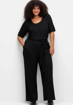 Jumpsuit mit Bindegürtel und weitem Bein