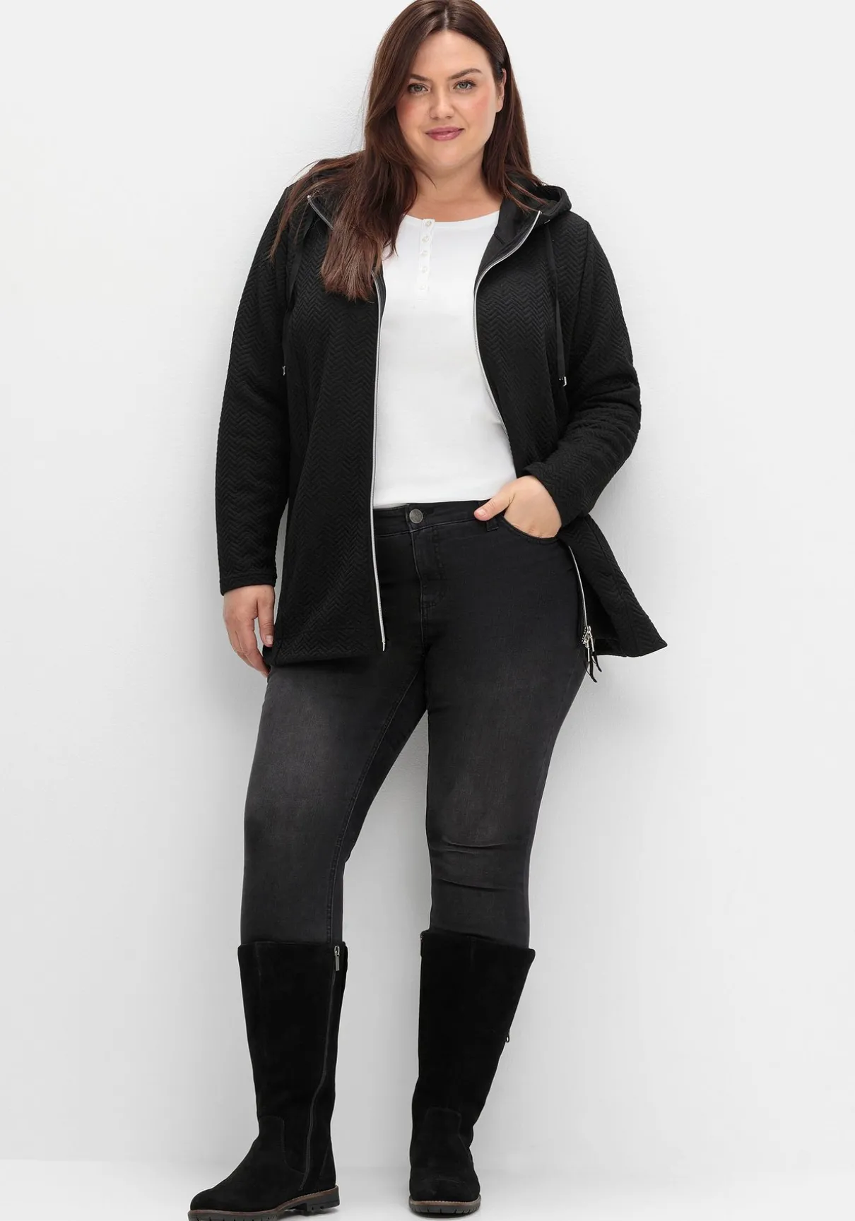 Kapuzen-Sweatjacke in Fischgrät-Struktur