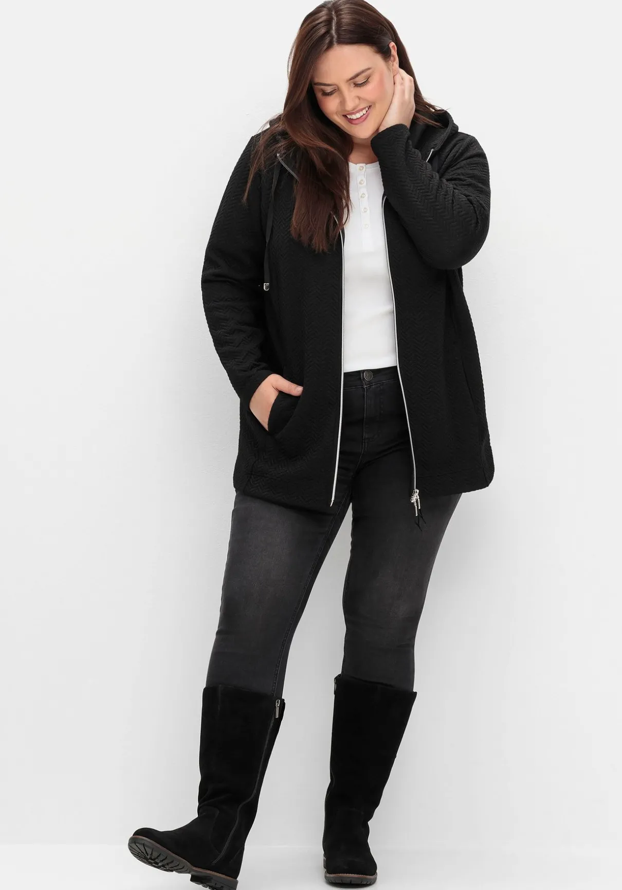 Kapuzen-Sweatjacke in Fischgrät-Struktur