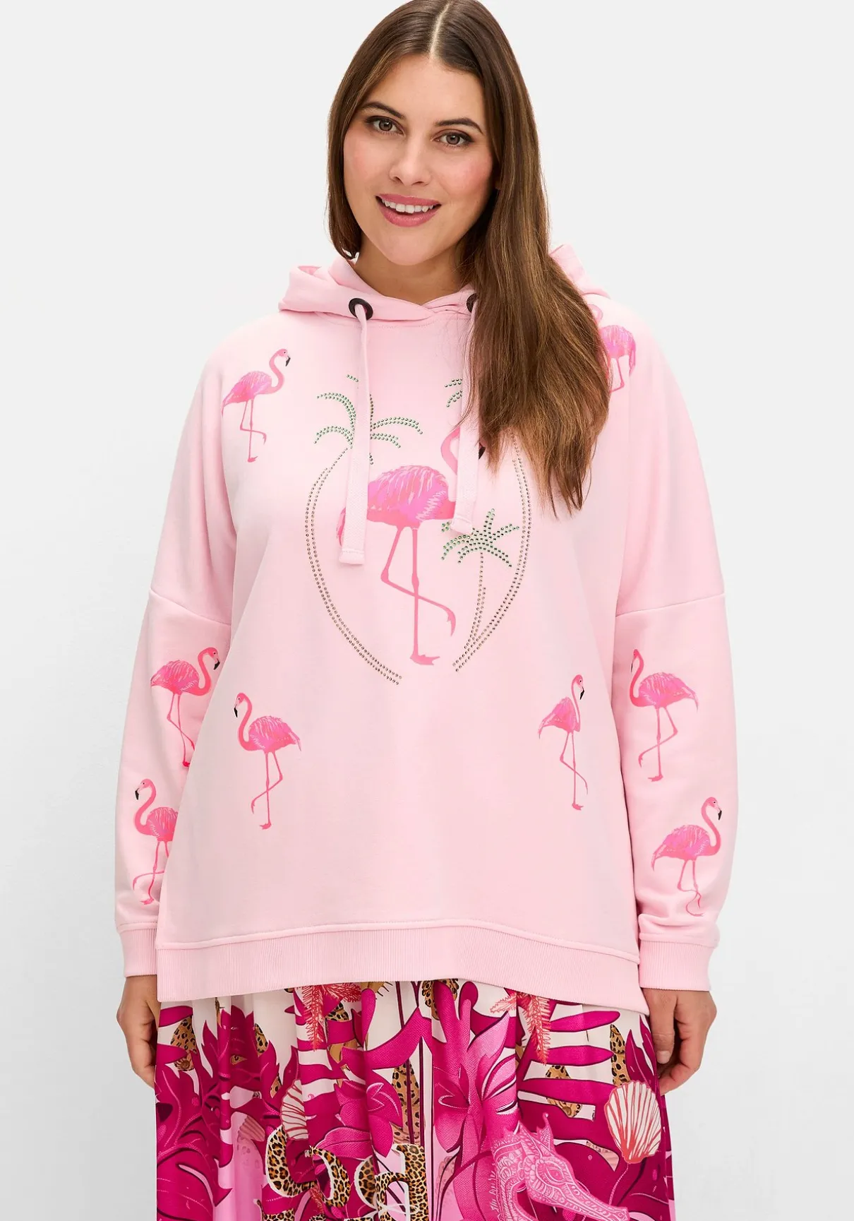 Kapuzensweatshirt mit Flamingo-Prints und Glitzersteinen