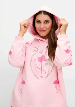 Kapuzensweatshirt mit Flamingo-Prints und Glitzersteinen