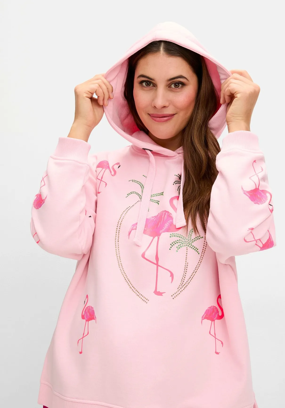 Kapuzensweatshirt mit Flamingo-Prints und Glitzersteinen