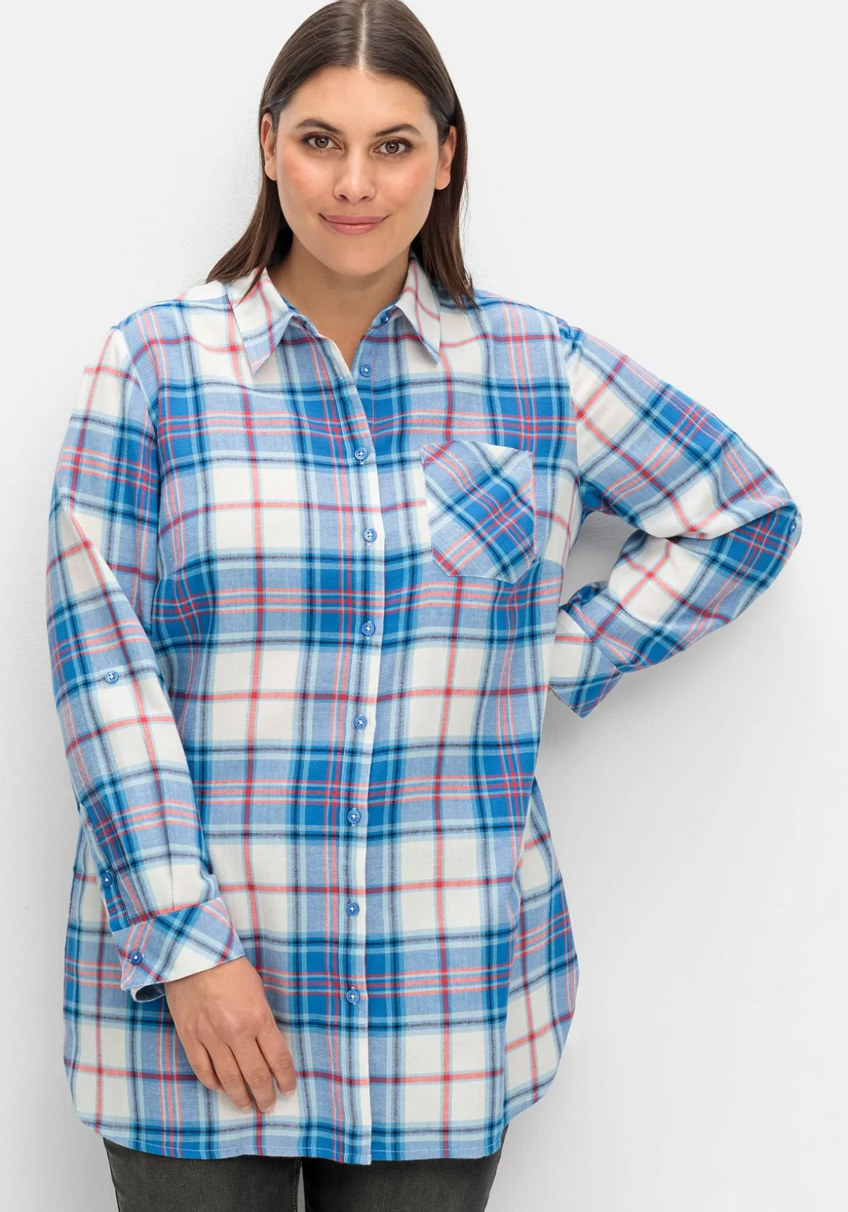 Karierte Longbluse mit Krempelfunktion