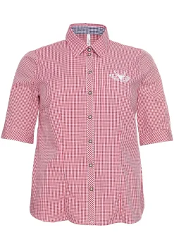 Karierte Trachtenbluse mit Stickereien