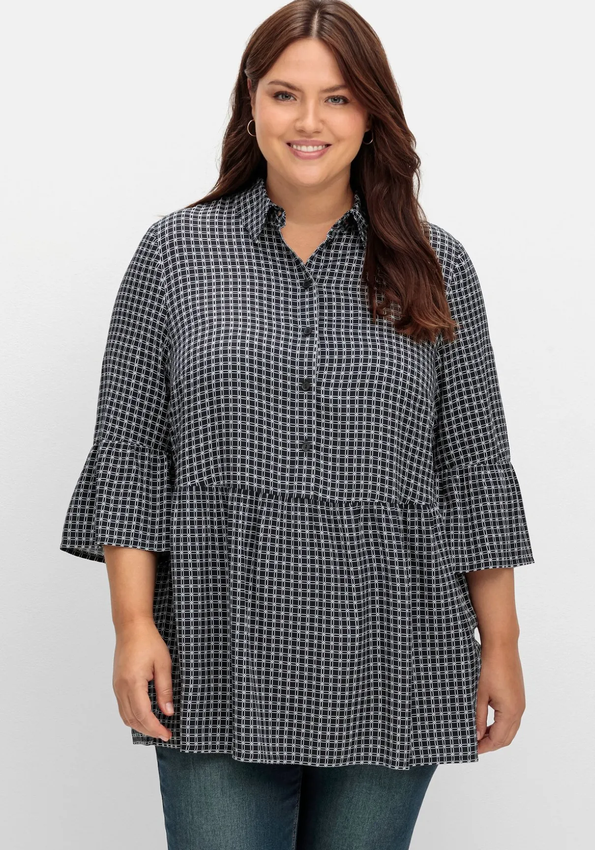 Karierte Tunika mit Volants und 3/4-Ärmeln