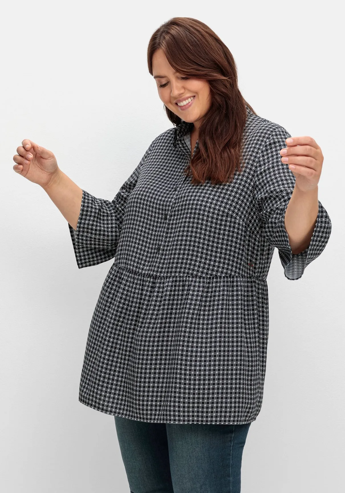 Karierte Tunika mit Volants und 3/4-Ärmeln