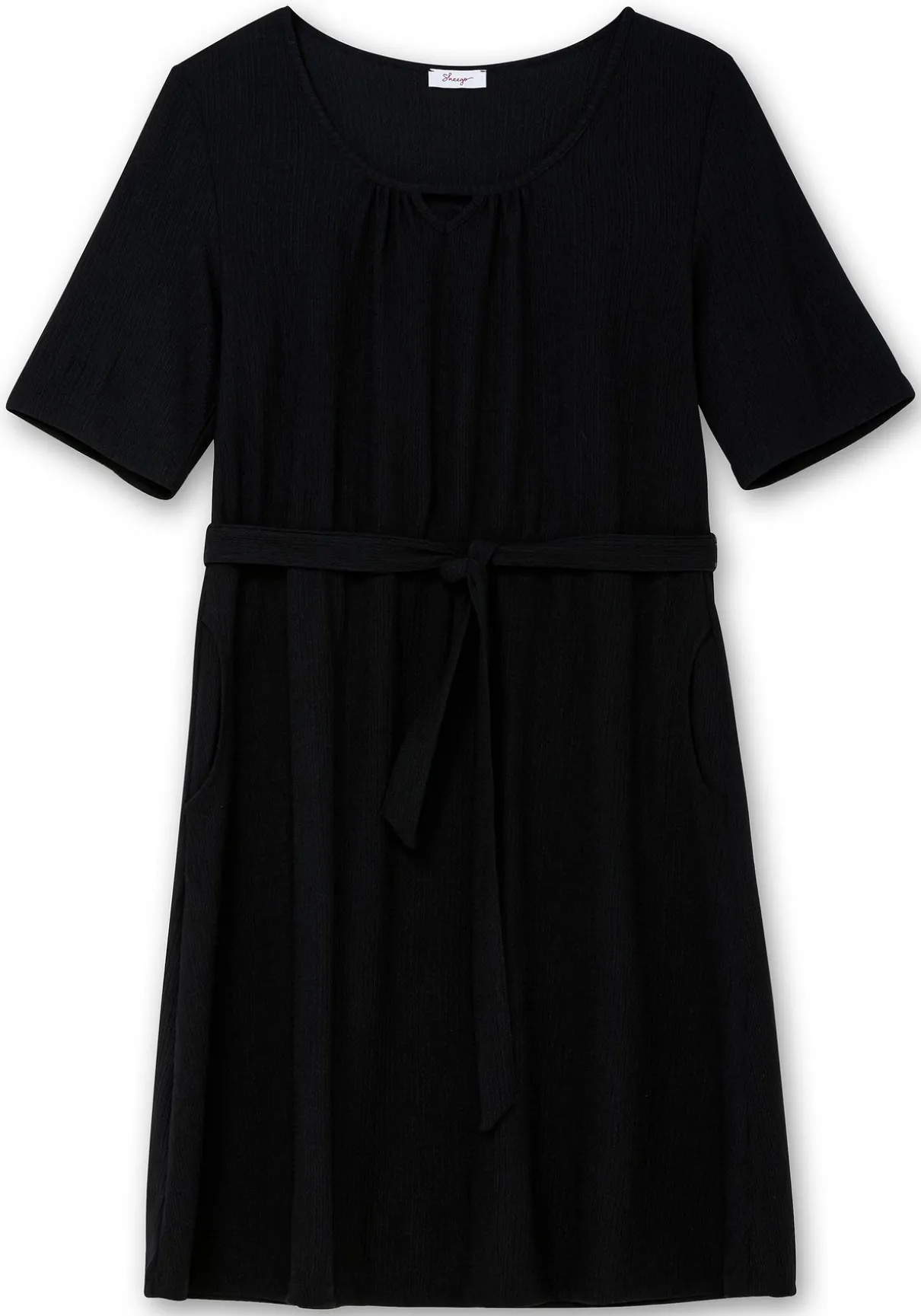 Kleid aus Crêpe, mit Bindegürtel und Taschen