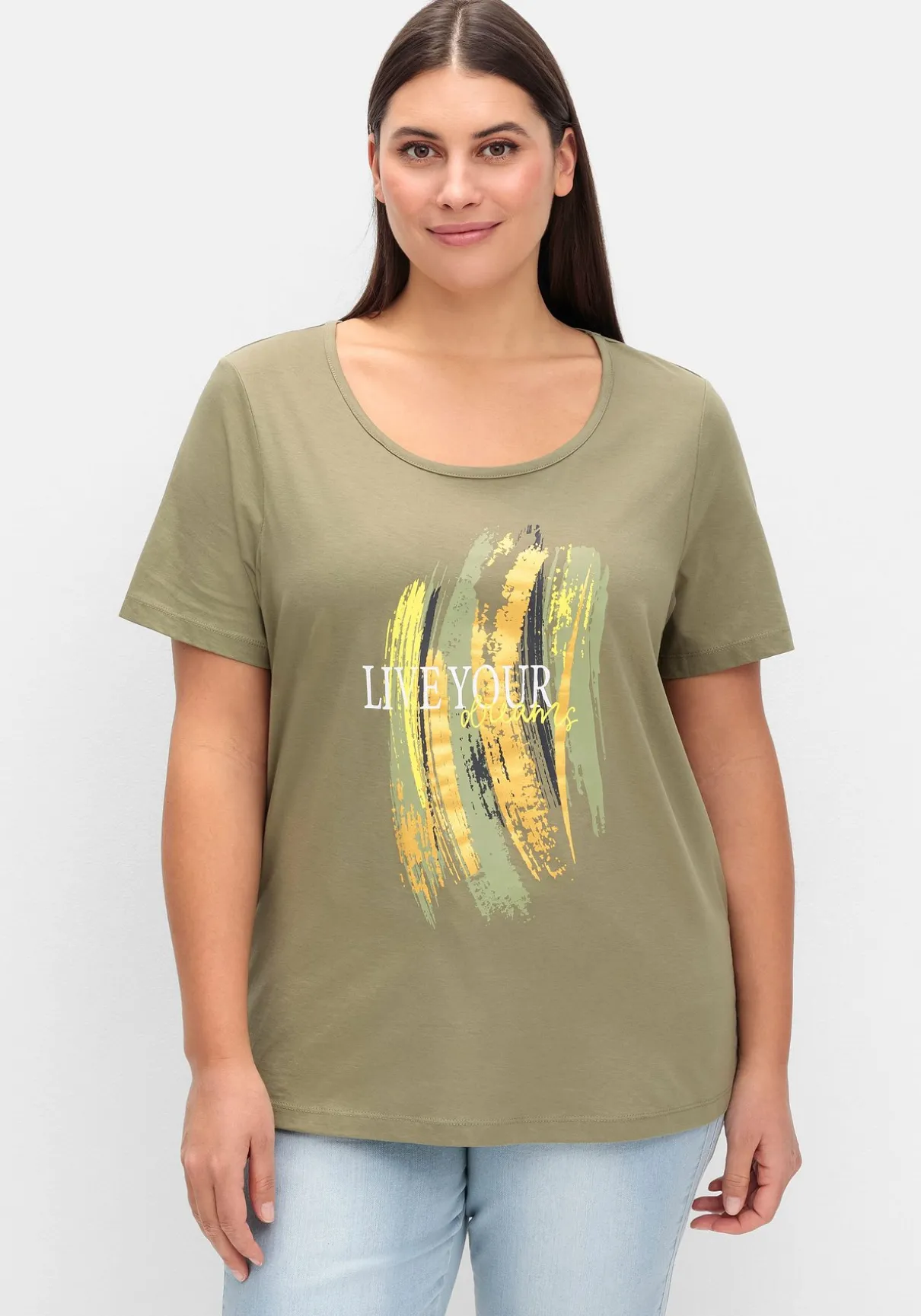 Kurzarmshirt mit Frontdruck und Glitzereffekt