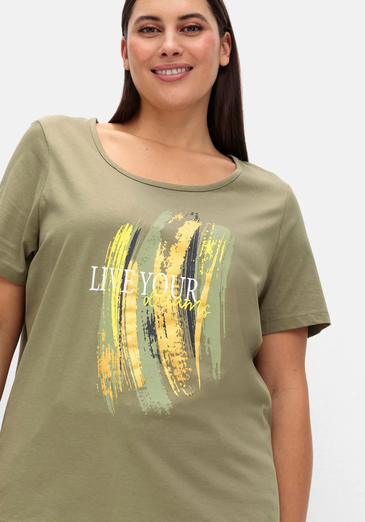 Kurzarmshirt mit Frontdruck und Glitzereffekt