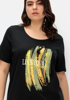 Kurzarmshirt mit Frontdruck und Glitzereffekt