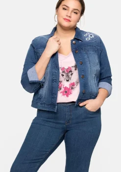 Kurze Jeansjacke mit Trachten-Stickereien