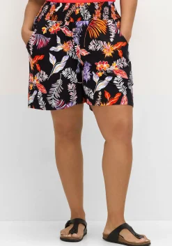 Kurze, weite Shorts mit Blätterprint und Smokbund
