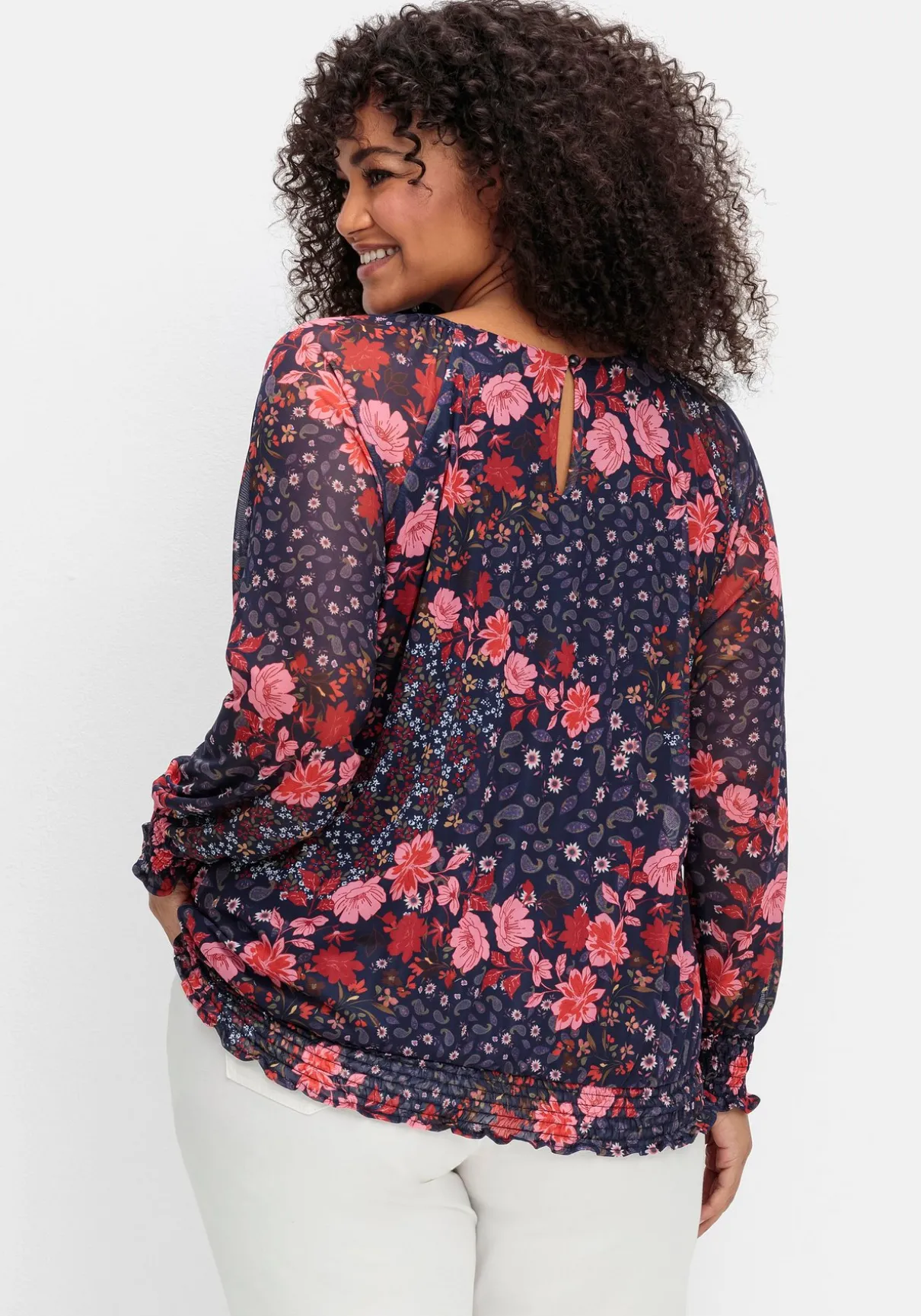 Langarmshirt aus Mesh mit Blumendruck