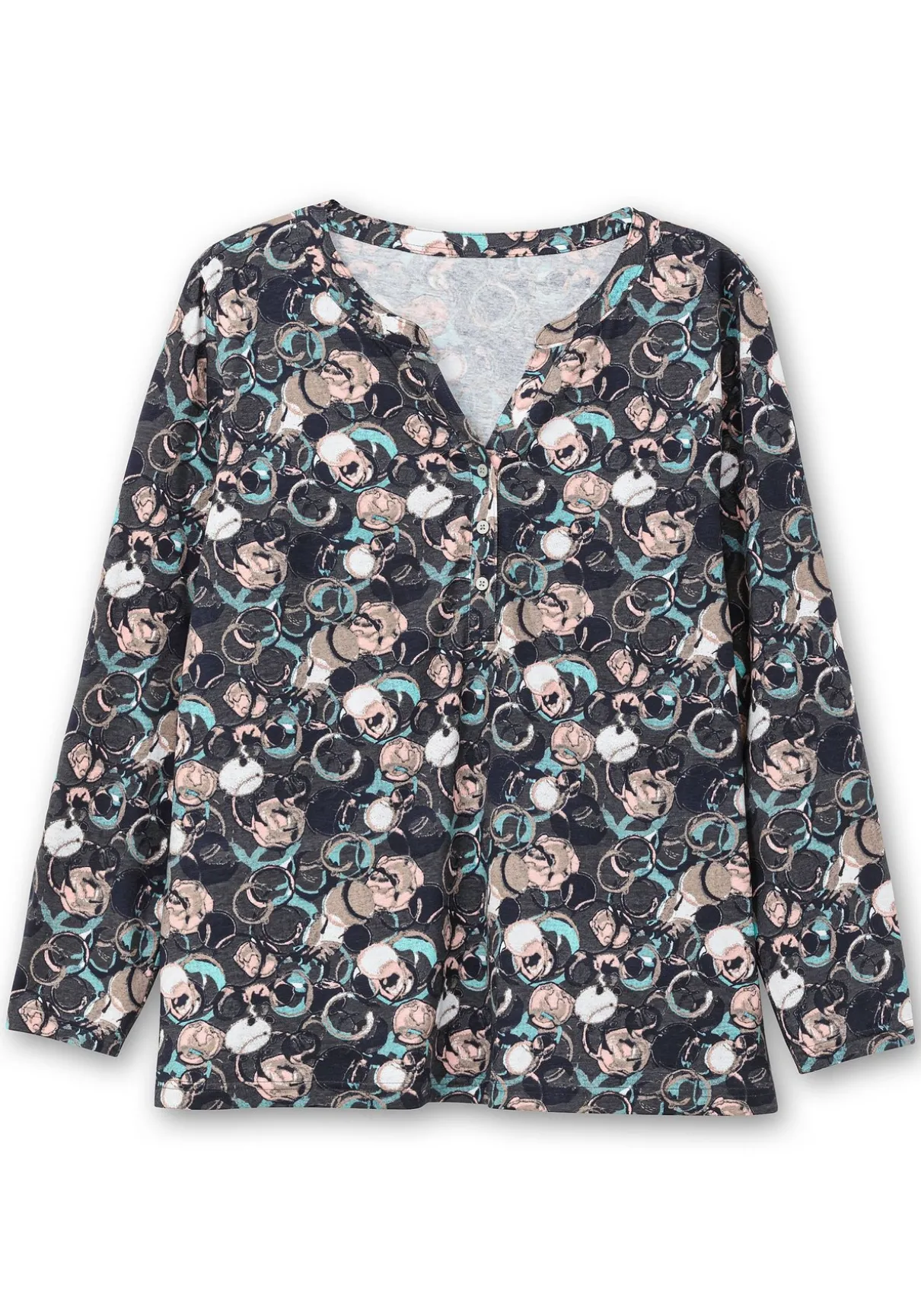 Langarmshirt mit Alloverprint und kurzer Knopfleiste